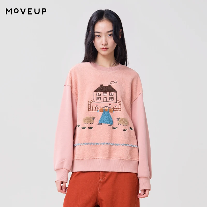 MOVEUP Women's Sweatshirts FUN Series Fun Wavy Embroidery Fleece Lined Pullover 2026 Winter New Commuter Warm Clothing 3ELD11431