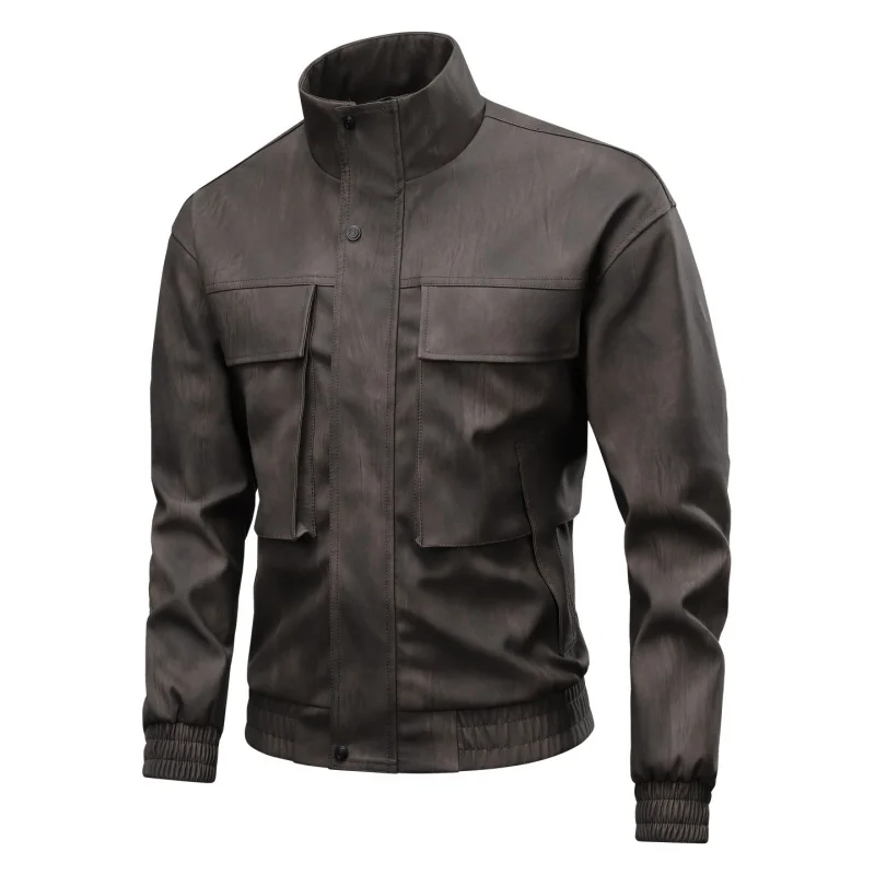 

Men's Casual Standing Collar Pilot Leather Coat Motorcycle Jacket Outdoor Solid Color Sports Jacket Autumn Winter Leather Jacket
