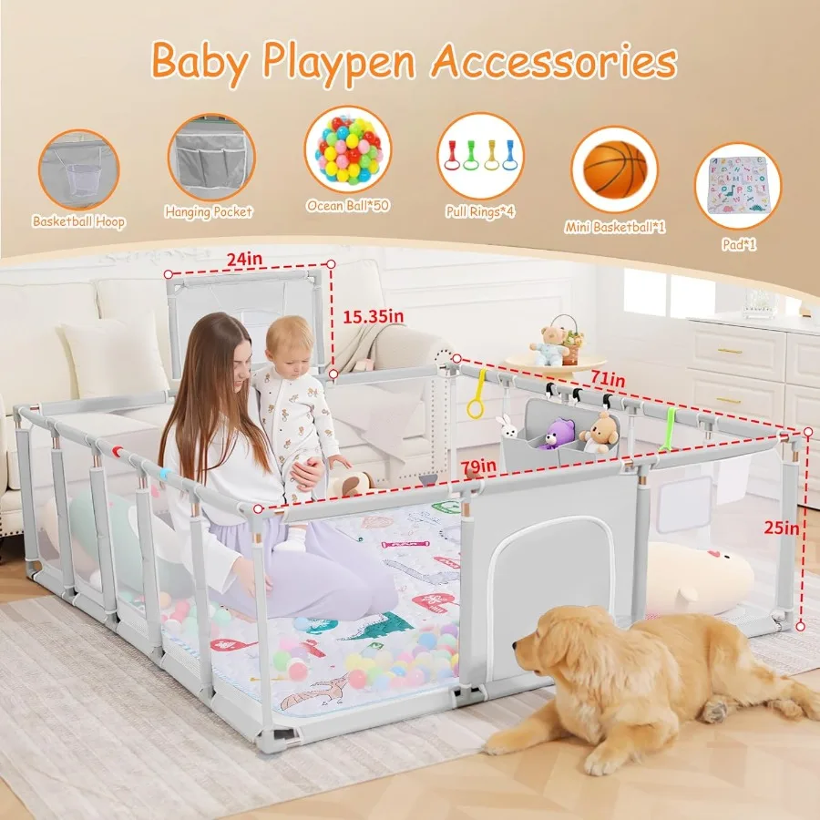 روضة أطفال مقاس 79 × 71 بوصة روضة أطفال مع حصيرة روضة أطفال داخلية وخارجية للأطفال الصغار مع قلم لعب قابل للتنفس مع Ocean Ba #2