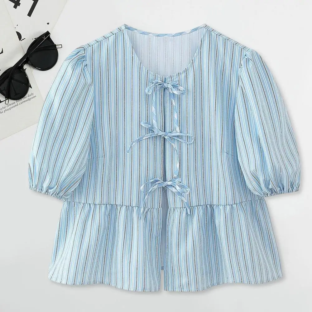 

Printed Short Sleeve Top Striped Print Tie-knot Ruffled Hem Top Puff Sleeve Pleated Blouse Women's Streetwear Fashion Women