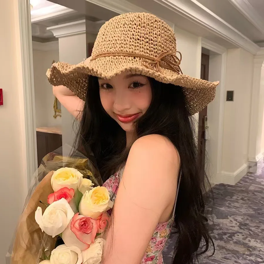 جديد عطلة الشاطئ صياد قبعة شاطئ البحر حماية الشمس قبعة الشمس كبيرة حافة القوس المنسوجة القش قبعة المرأة بنما فاتحة الكورية #6