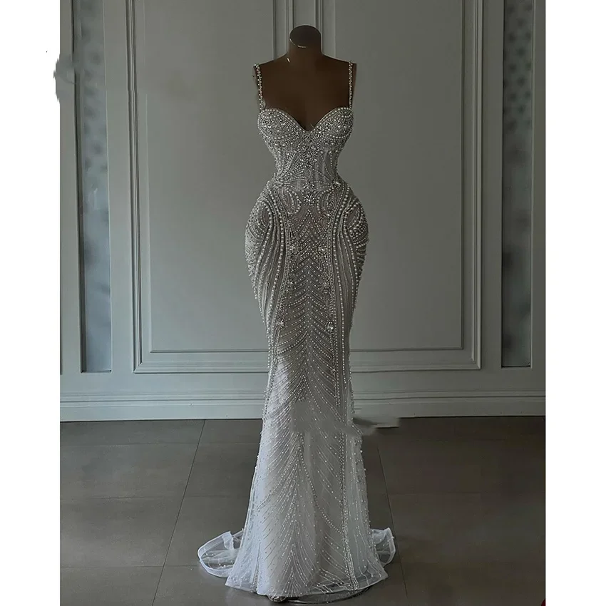 أشرطة مخصصة دبي فساتين زفاف فاخرة مثيرة حورية البحر لؤلؤ ثقيل مطرز بالخرز للسيدات فساتين العروس حورية البحر vestidos de novia