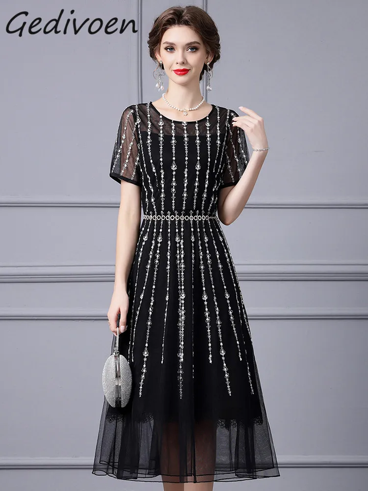 Gedivoen Autumn Fashion Designer Black Luxury Mesh Dress Women O Neck Short Sleeve Embroidery Metal Chain Slim A-LINE Midi Dress