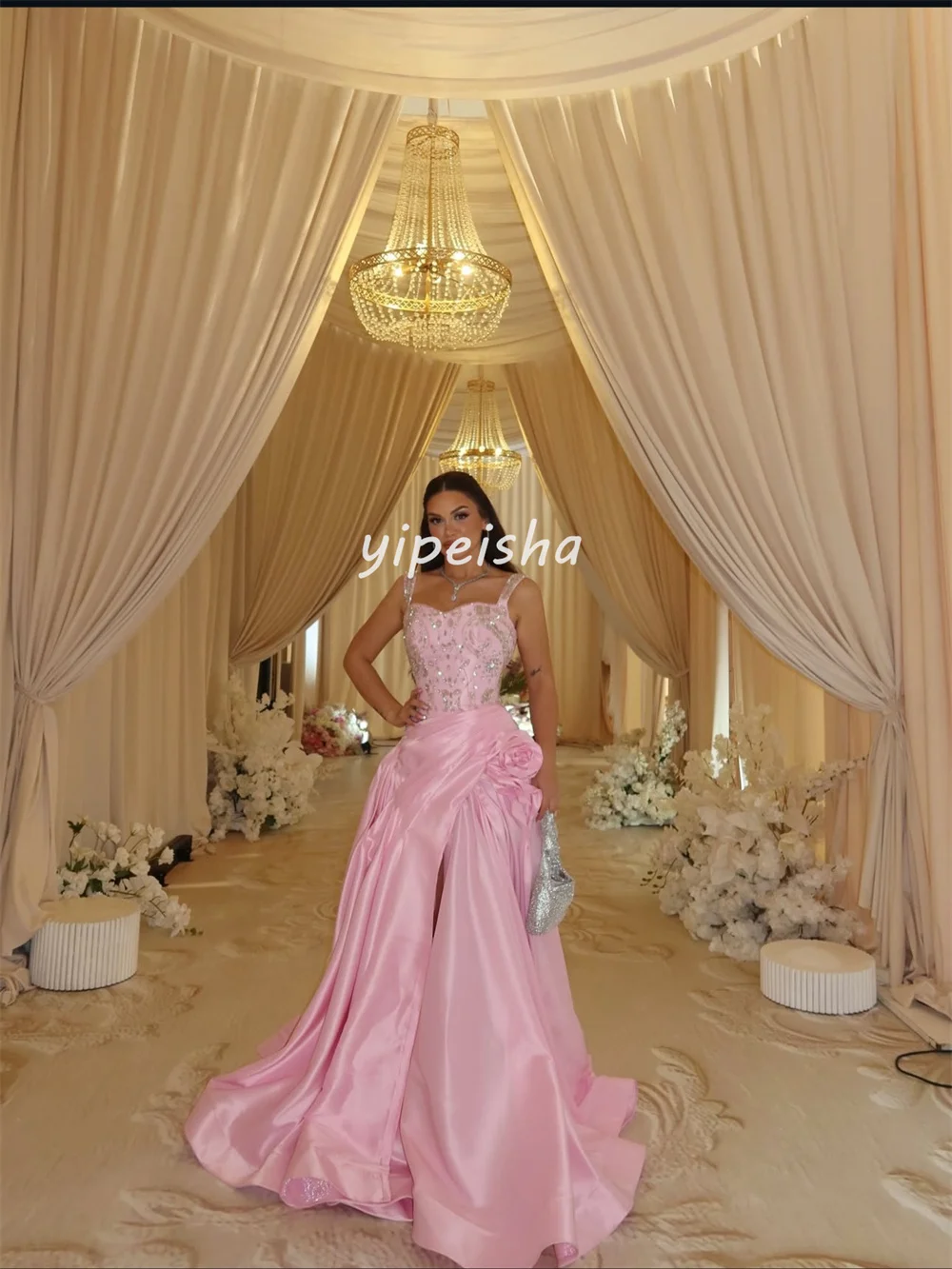 Personalizado de alta calidad brillo hecho a mano flor rebordear lentejuelas Rhinestone A-line cuello cuadrado vestidos largos vestidos de noche Sexy