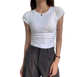 New Slim White T-shirt Women Casual Vintage Tee Shirt Femme Sexy Kpop Y2K Crop Top Woman Skinny Black Gray Fashion Clothes