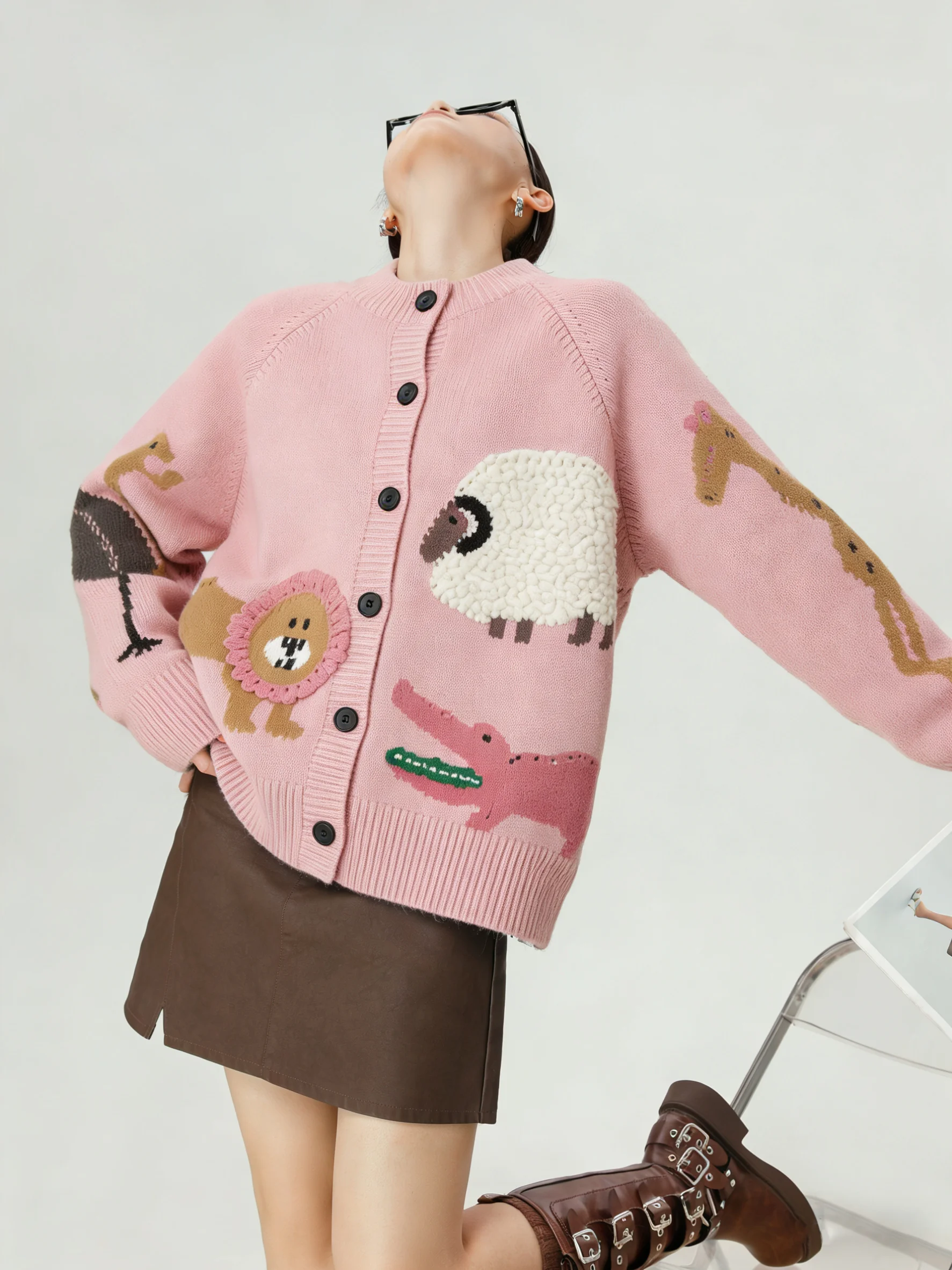 

Pink Animal Pattern Knitted Open Cardigan Sweater Women's Spring 2026 Early Season Korean Sle Design Casual Top