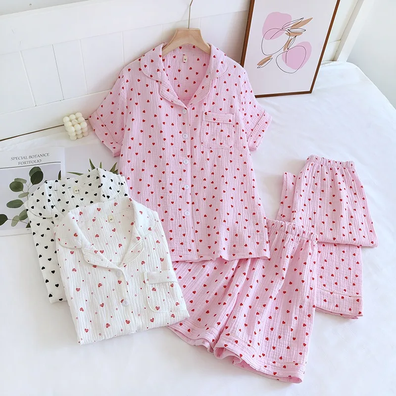 New spring and summer women\'s pajamas three-piece set short sleeves + shorts + trousers 100%cotton gauze love print homewear set