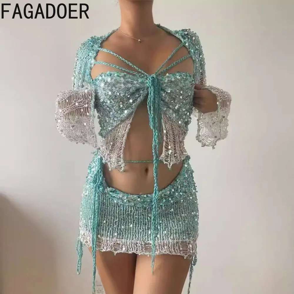 FAGADOER Sexy Sequins Hollow 3 Piece Sets Outfit Women Lace Up Crop Tops And Mini Skirts Suits Female Nightclub Party Clothing