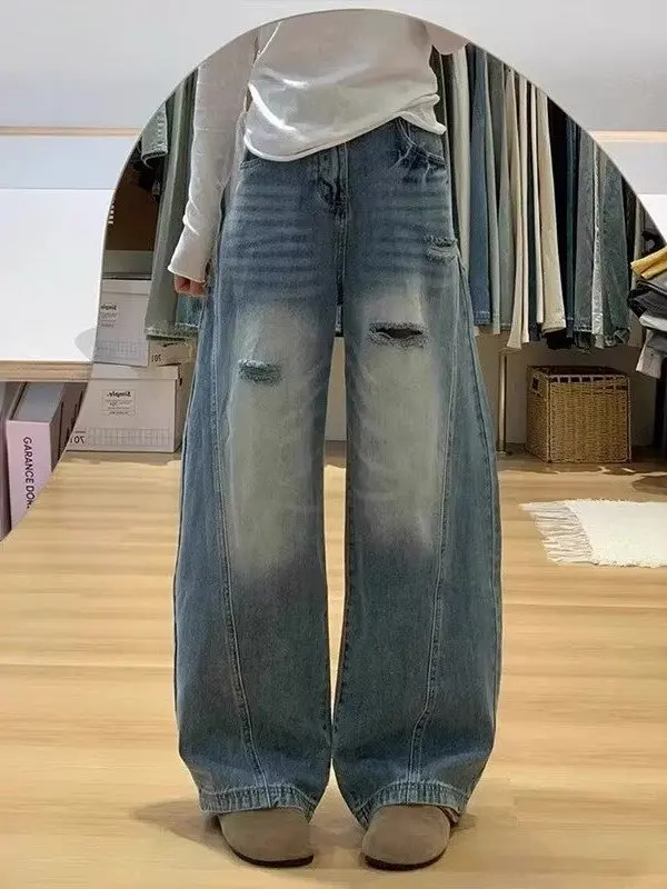 

plus Size Women's Vintage Ripped Denim Pants High Waist Wide Leg Floor Length Straight Cut Trousers for Pear Shaped Body Slim...