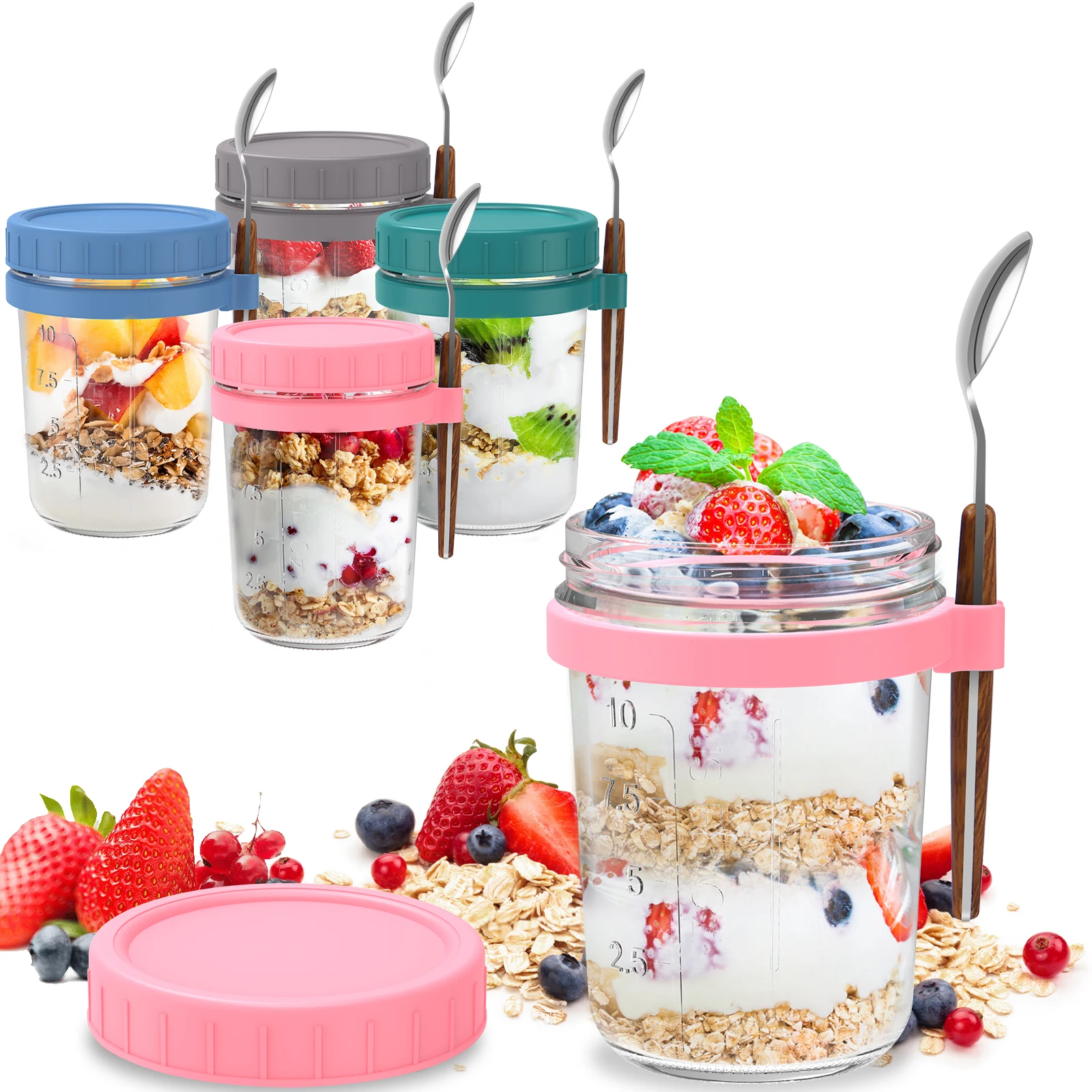 2Pcs/4Pcs Overnight Oats Container with Lid and Spoon 10oz Overnight Oats Jars Portable Oatmeal Cup Container Leakproof