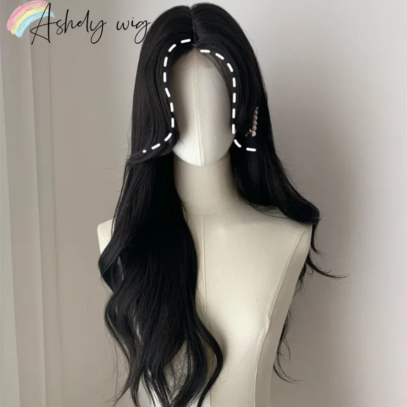 

Ningning‘s hair Long Black Wig for Women Big Wave Curly Hair Headband Wigs with Eight Bangs Small Lace Front Natural Lolita Wigs