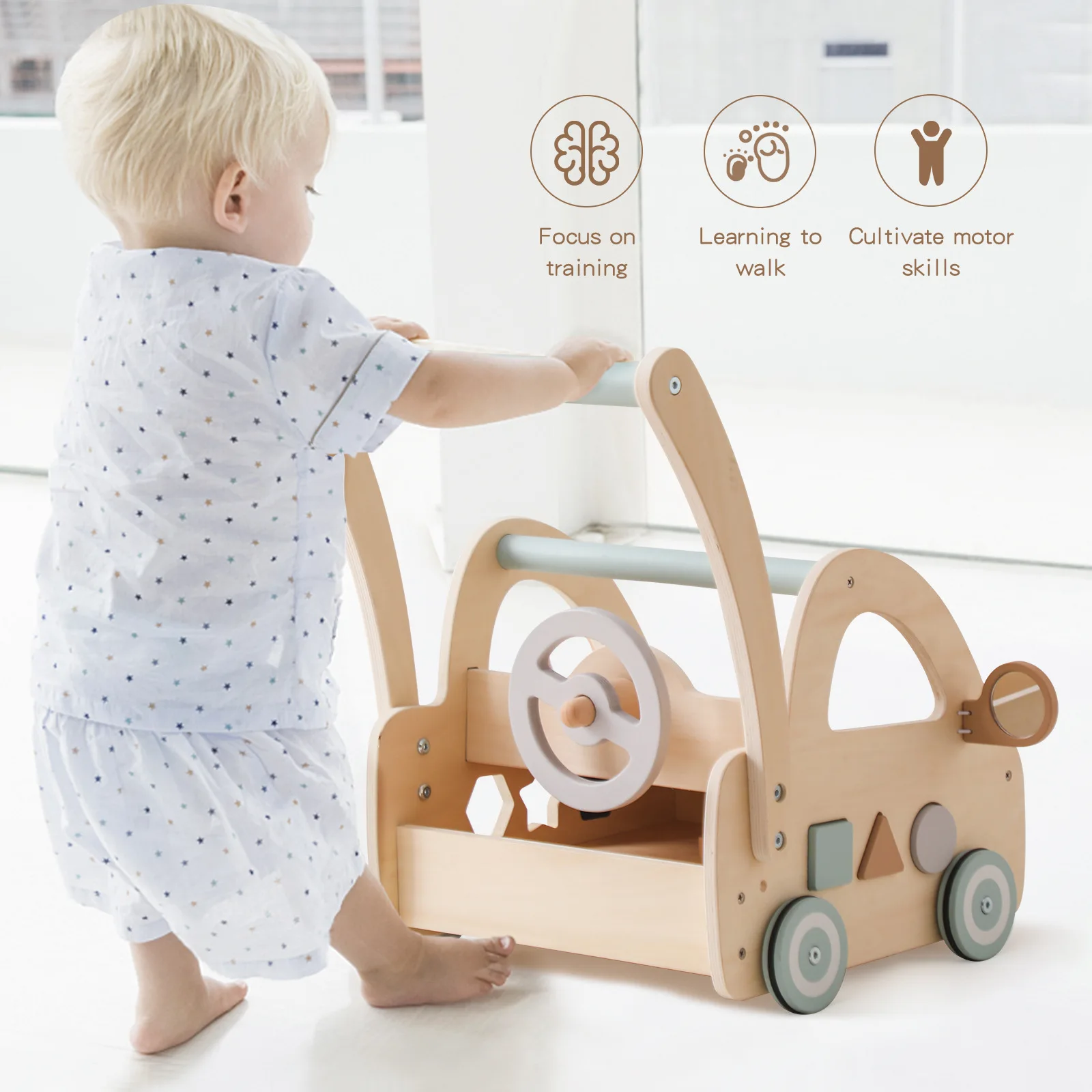 Grotere afbeelding bekijken Voeg toe om te vergelijken Delen Houten multifunctionele baby leren Push Walker Wood Hot Selling peuterspeelgoed met Ac