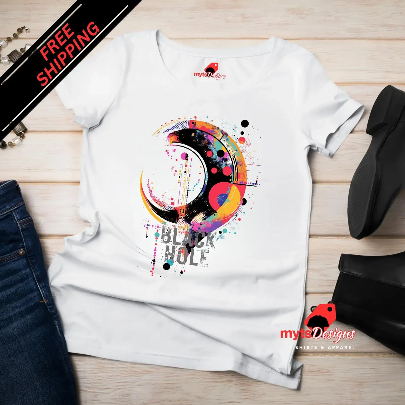 Geometric Black Hole T Shirt Vivid Space Design vintage Washed homme Casual Stretched Unisex Top For Everyday Wear