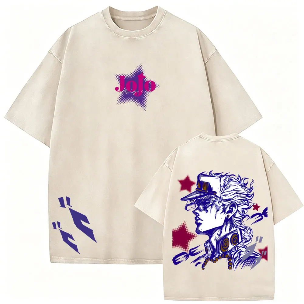 Washed Vintage Anime Jojo Bizarre Adventure Jotaro Kujo T-shirt Men Manga Graphic T Shirt Male Cartoon Retro Oversized T-shirts