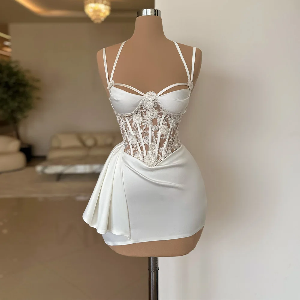 Mini Cocktail Dress White Applique Spaghetti Straps Illusion Cocktail Gowns for Women Sheath/Column Satin Short Party Dresses