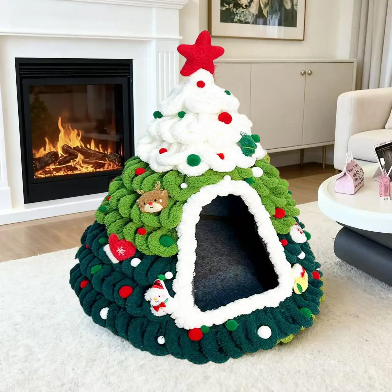 Christmas Tree Cat Bed Knitted Finished Cat Bed Cat Bed Autumn and Winter Warmth Wool Winter Semi-enclosed Felt Cone Pet Bed