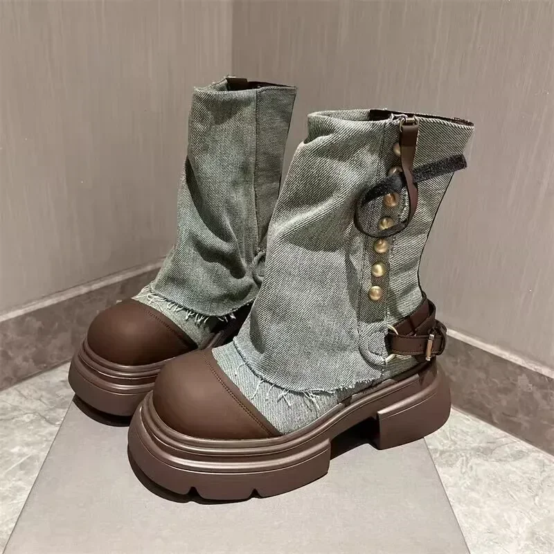 Designer Women Ankle Boots Fashion Slip On Thick Bottom Platform Shoes Ladies Elegant Morder Short Boots 2024