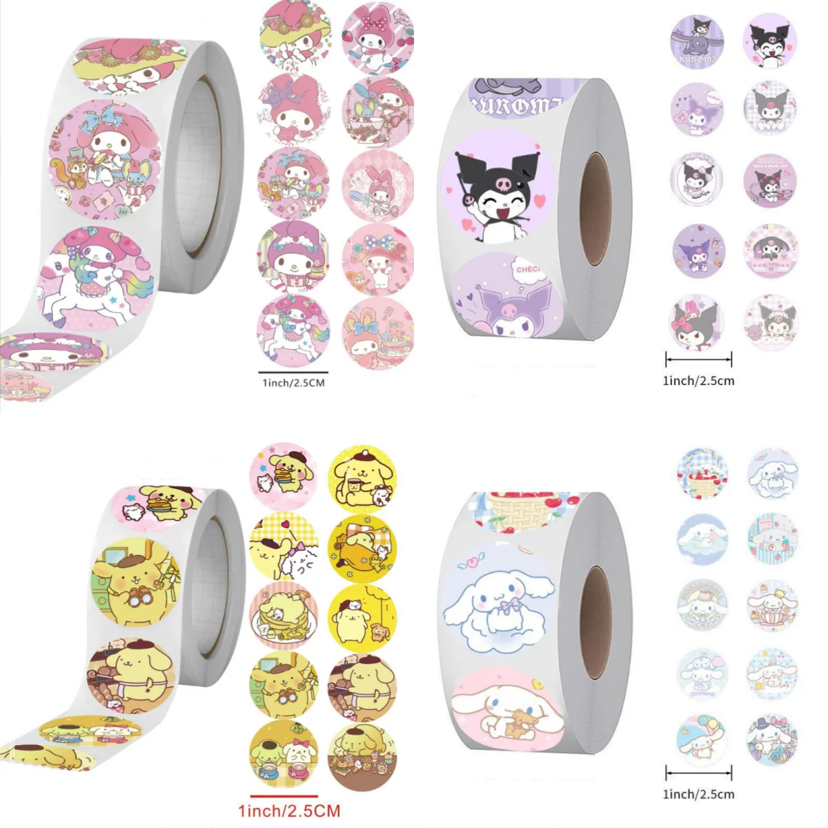 

500Pcs/roll Sanrio Sticker Kawaii Kuromi Hello Kitty P Cinnamoroll Cartoon Kids Reward Stickers Gift Decoration Decals Toys