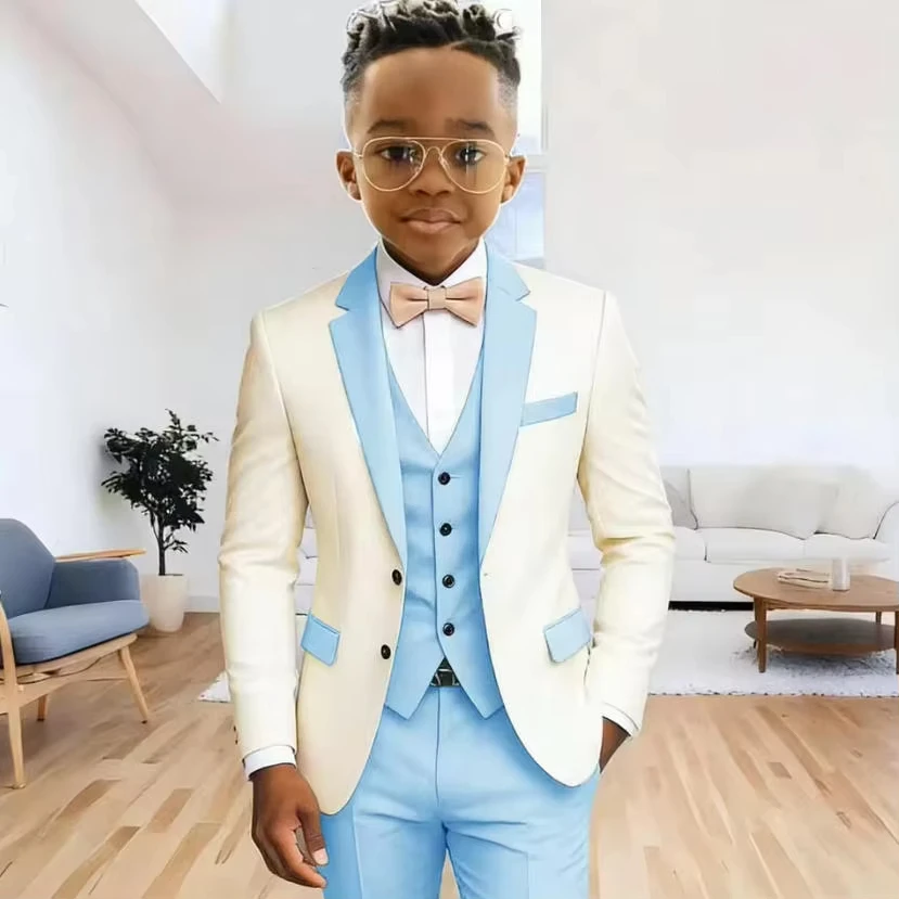 Sky blue Boy's Suit 3-Pieces Jacket+Vest+Pant Notched Lapel Formal Set Kids Tuxedos 2-16 Year Old Wedding Prom Party