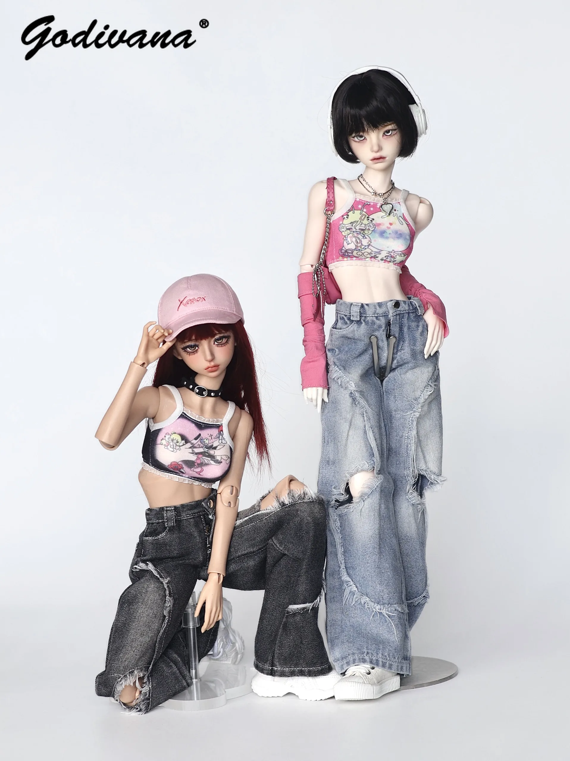 1/4 BJD Doll Clothes Y2K Streetwear Punk Wide-leg Denim Pants Girls Cool Fashion Hip-hop Washed Ripped Jeans for 1/4 BJD