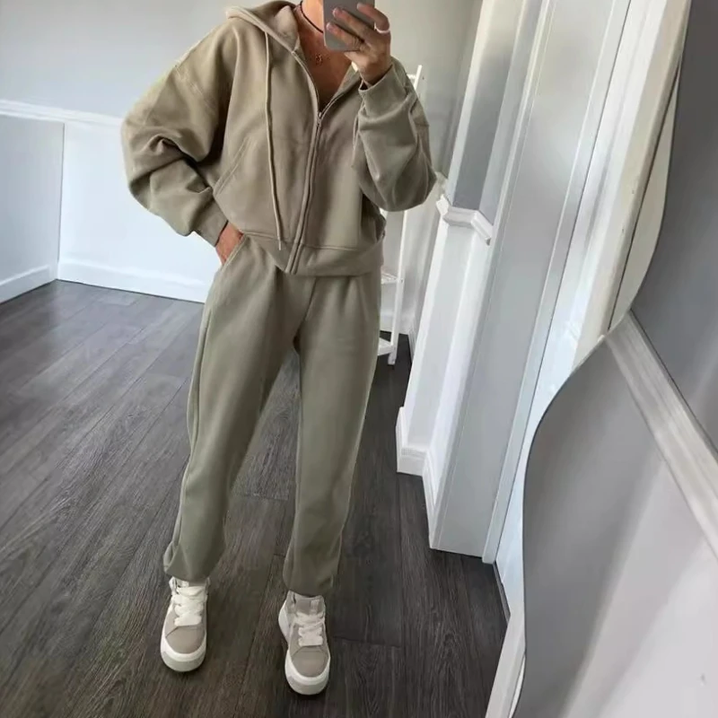 

Casual Women's Set Solid Color Long Sleeve Zip Hoodie Two-piece Set of Elastic Lace-up Pants