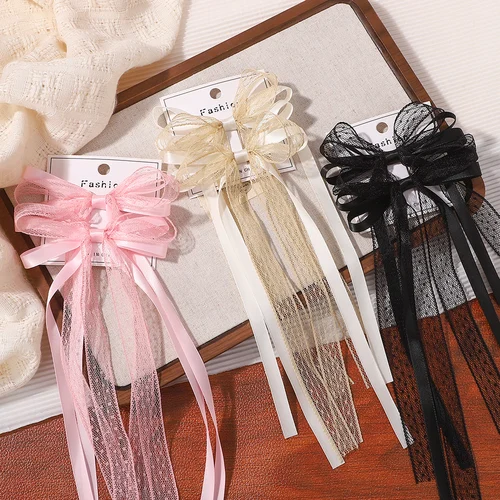 Imagen 2 del producto Clip de lazo de cinta de satén de encaje para mujer, coleta doble trenzada, Clip para el pelo dulce, decoración, accesorios para el cabello, regalos, 2 uds.