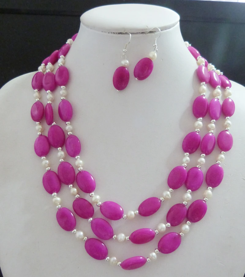 

new !! Amazing natural semi-precious stones necklace 3 strands necklace / earrings