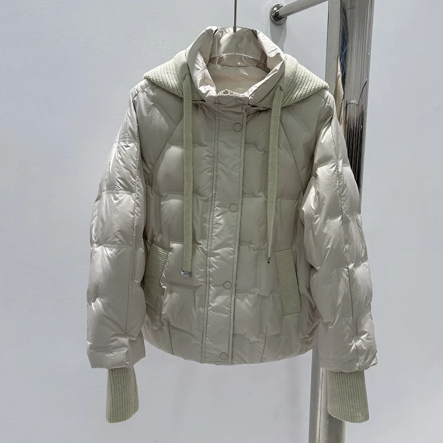 

2025 New Autumn and Winter Women's Warm Puffer Coat Commuter Hooded Splicing Knitted Casual White Duck Down Jacket