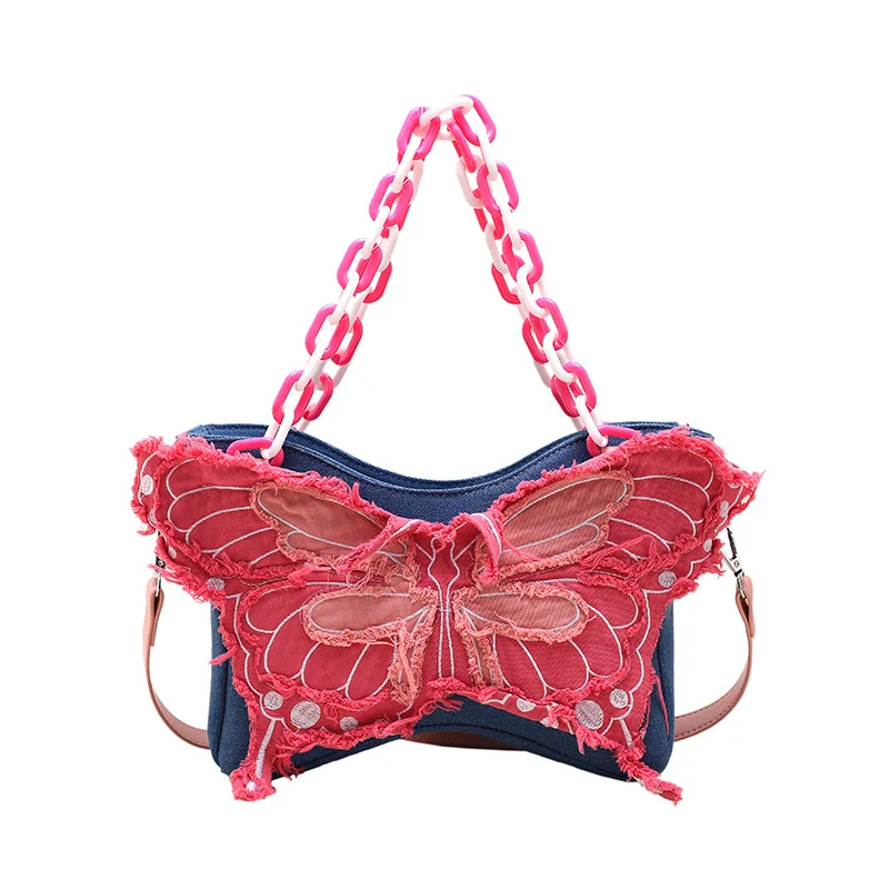 Underarm Bag with Bow Knot, Beauty Pink Butterfly Handheld Chain Bag, Lady Style INS Denim Tassel Shoulder Bag