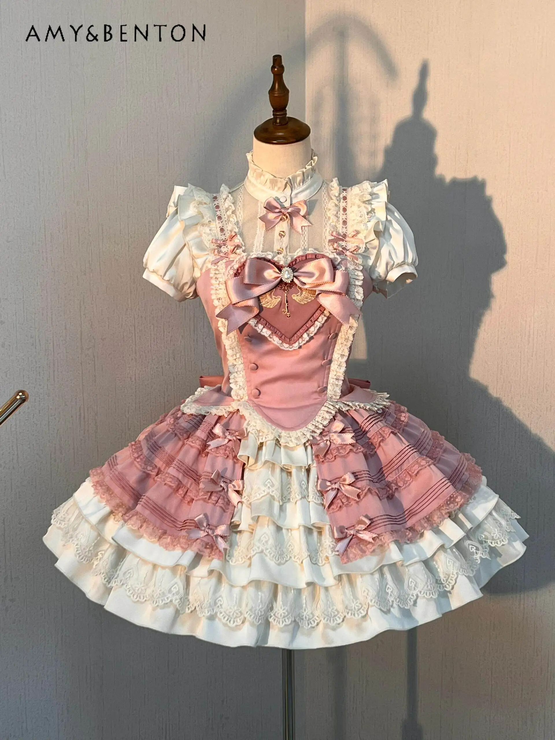 

Summer New Sweet and Cute Women's Beige Short-sleeve Shirt Pink Corset Bow Lace Pleated Skirt Lolita Three-piece Set