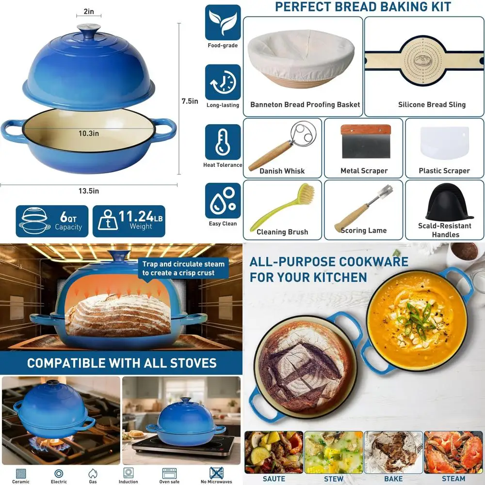 

6-Quart Cast Iron Dutch Oven with Proofing Basket, Silicone Sling, and Dough Whisk for Baking, Cooking, and Frying Sourdough Bre