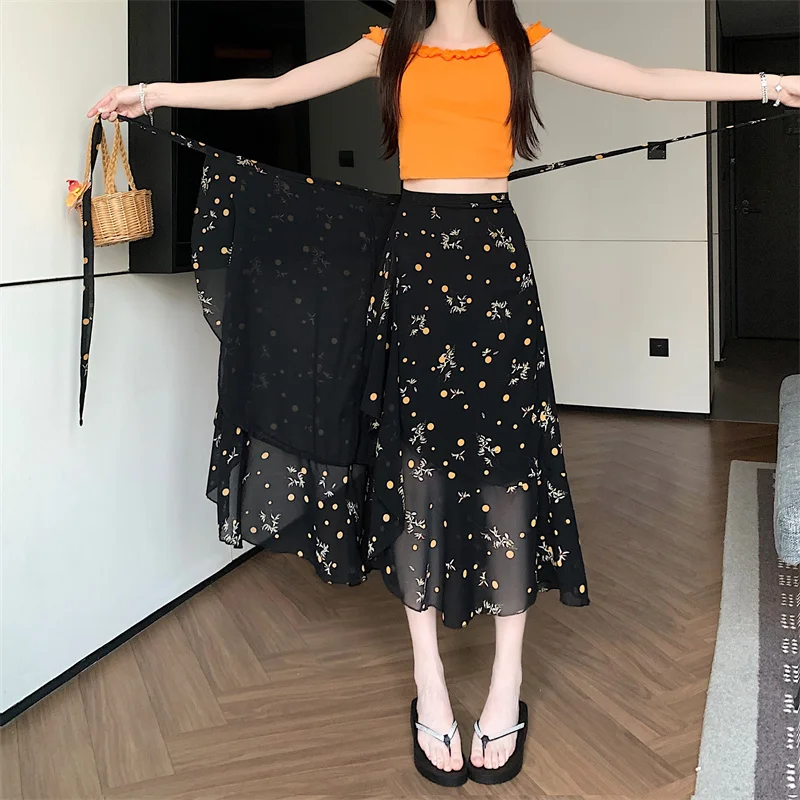 High Waist A-Line Midi Skirt with Lace Trim Floral Print Chiffon Beach Half Skirt Women's One-Piece Belted Umbrella Skirt