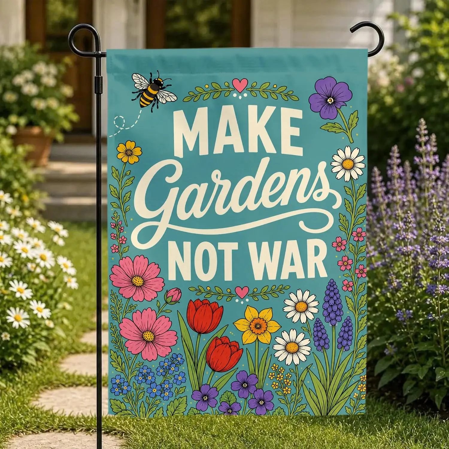 SODAVA Make Gardens Not War Garden Flag, Peaceful Floral Yard Decor, Pollinator Garden Outdoor Banner, Nature Lover Porch Fl kkz