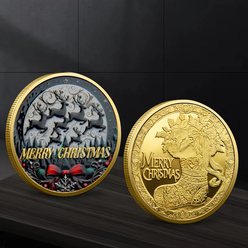 12PCS Christmas Commemorative Coins Santa Claus Elk Christmas tree Gold Plated Colorful Merry Christmas Xmas Decorations Gift