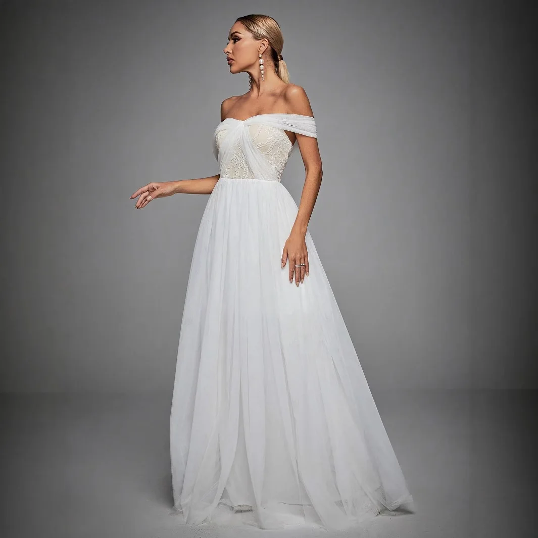 

Белое свадебное длинное платье с открытыми плечами и крестообразным кружевом, вечернее платье, бальное платье, свадебное платье