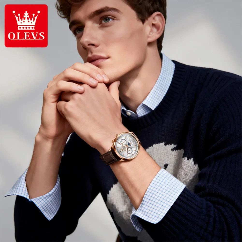

OLEVS 7128 Moon Phase Man Watch Fashion Leather Strap Perpetual Calendar Water Proof Luminous Luxury Automatic Mechanical Watch