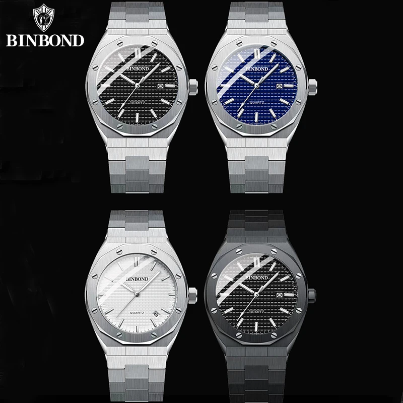 BINBOND Mens Watch Top Brand Royal Casual Men Big Dial Silver Stainless Steel Calendar Quartz Wristwatch Classic Luminous B0233