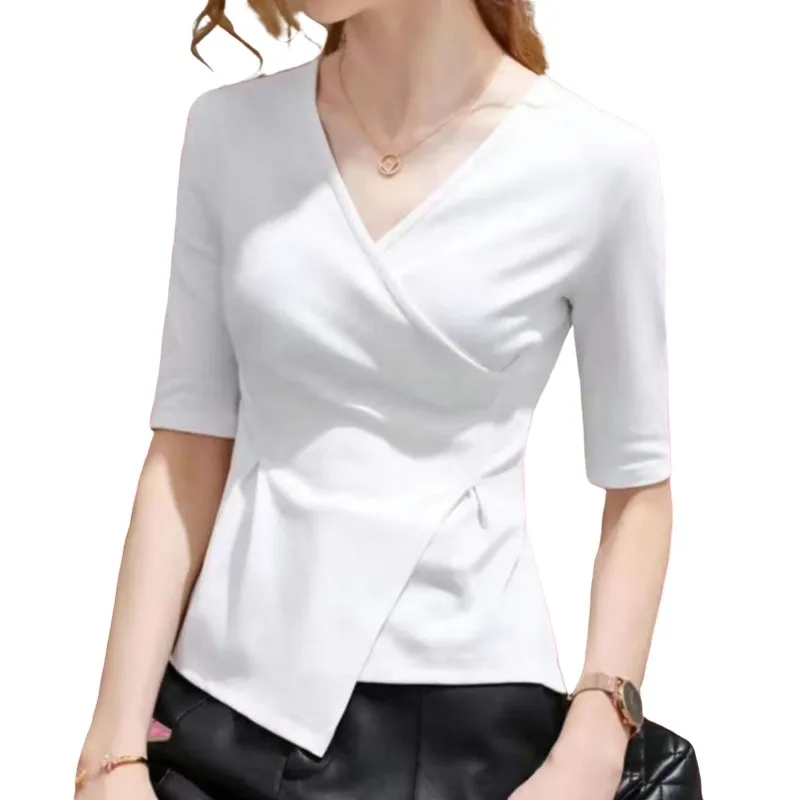 4XL 2023 Women Summer Blouses V-Neck Lady Fashion Casual Short Sleeve Office Sexy Solid Color Clothing Tops & Tees WY0856