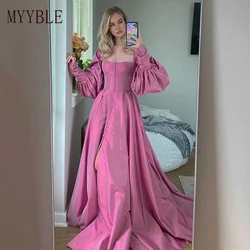 Free Customized  Elegant A Line Taffeta Evening Dresses Puff Long Sleeves Sweetheart Buttons Slit Prom Special Occasion Gown