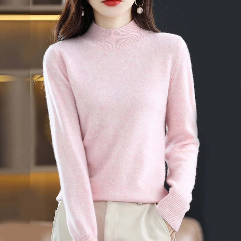 100%Merino Wool Sweater Women Autumn Long Sleeve Mock Neck Warm Soft Cashmere Pullovers Basic Bottom Sewn Knitwear Jumpers