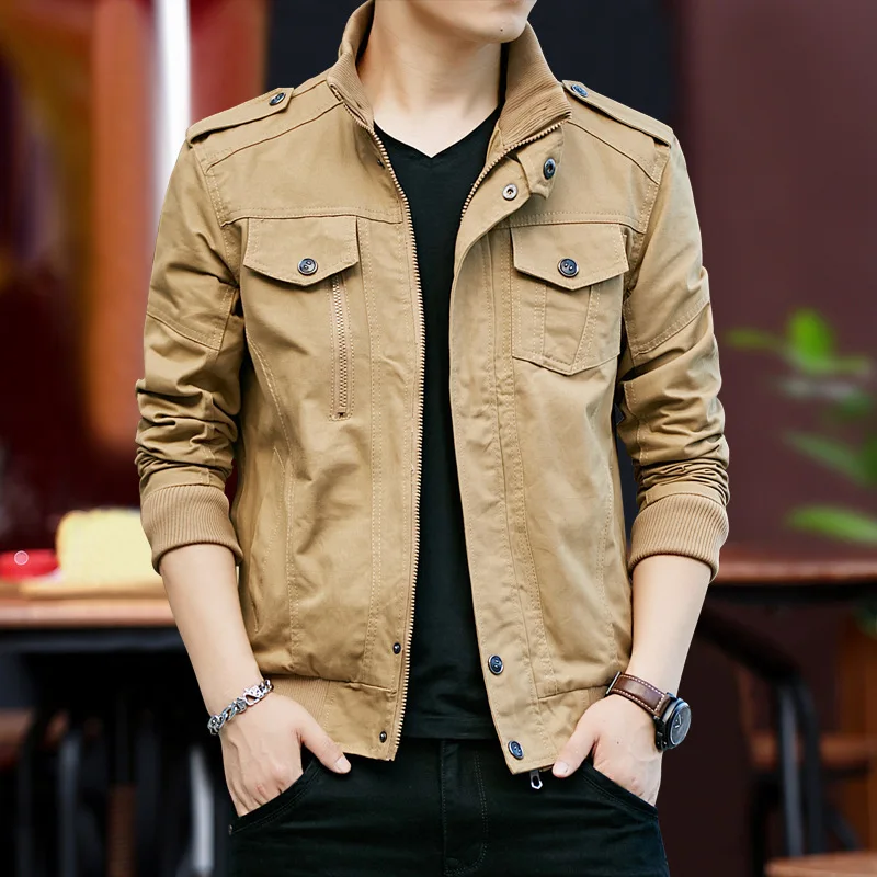 

Мужская рабочая куртка на молнии и пуговицах, весна-осень 2026, новая, в стиле милитари, зеленая, с воротником-стойкой, множеством карманов, с трикотажными манжетами в рубчик