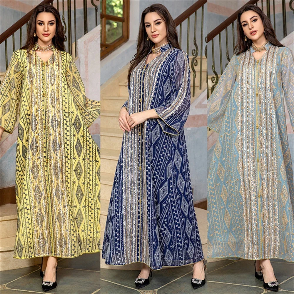 

Ramadan Robe Women Dresses Sequins Embroidery Diamond Evening Party Dress Dubai Abaya Muslim Kaftan Eid Djellaba Kebaya Jalabiya