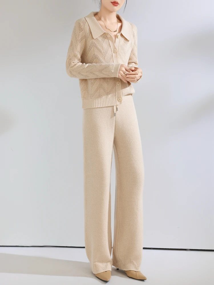 Women Sweater Suit Cardigan Pants 100% Merino Wool Autumn Winter Sweater Warm Lapel Cardigan Straight Pants Set Commuting Series