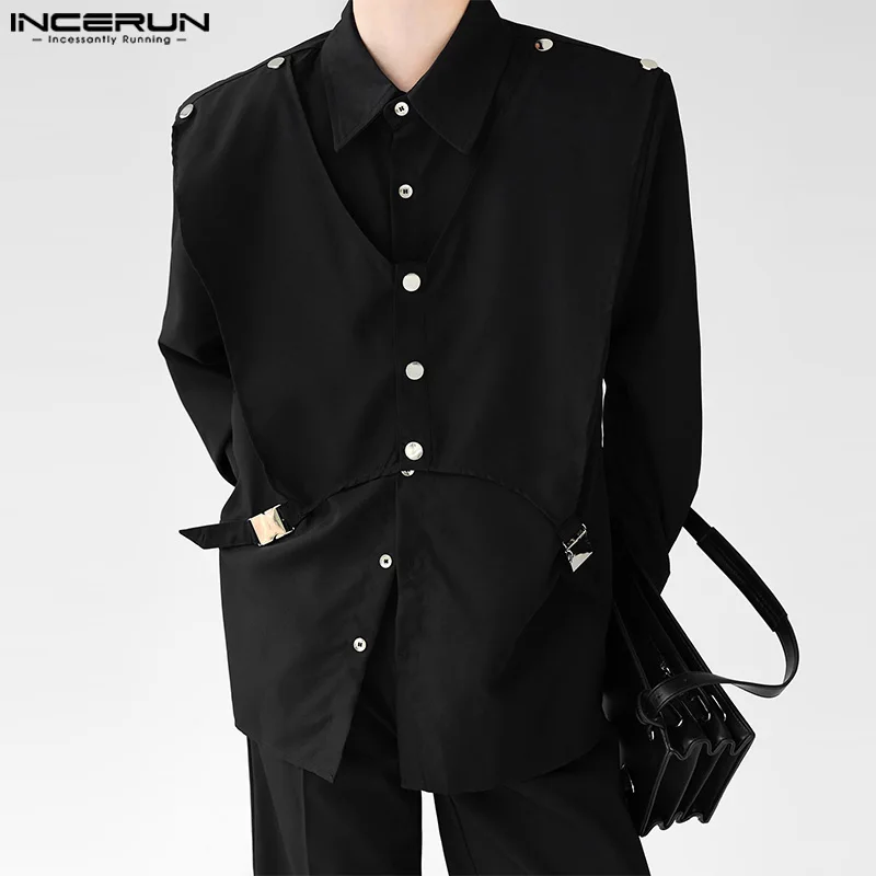 INCERUN Tops 2024 Korean Style Men Double-layer Structural Metal Design Shirts Leisure Patchwork Solid Long Sleeved Blouse S-5XL