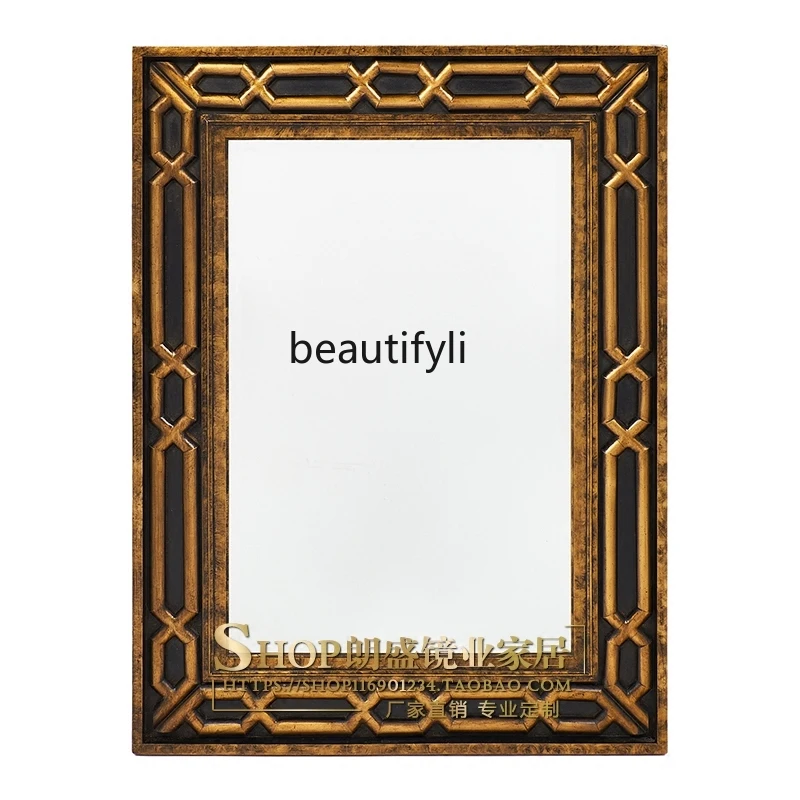 

Neoclassical art entrance wall hanging mirror, American living room background wall creative wood carving hanging mirror