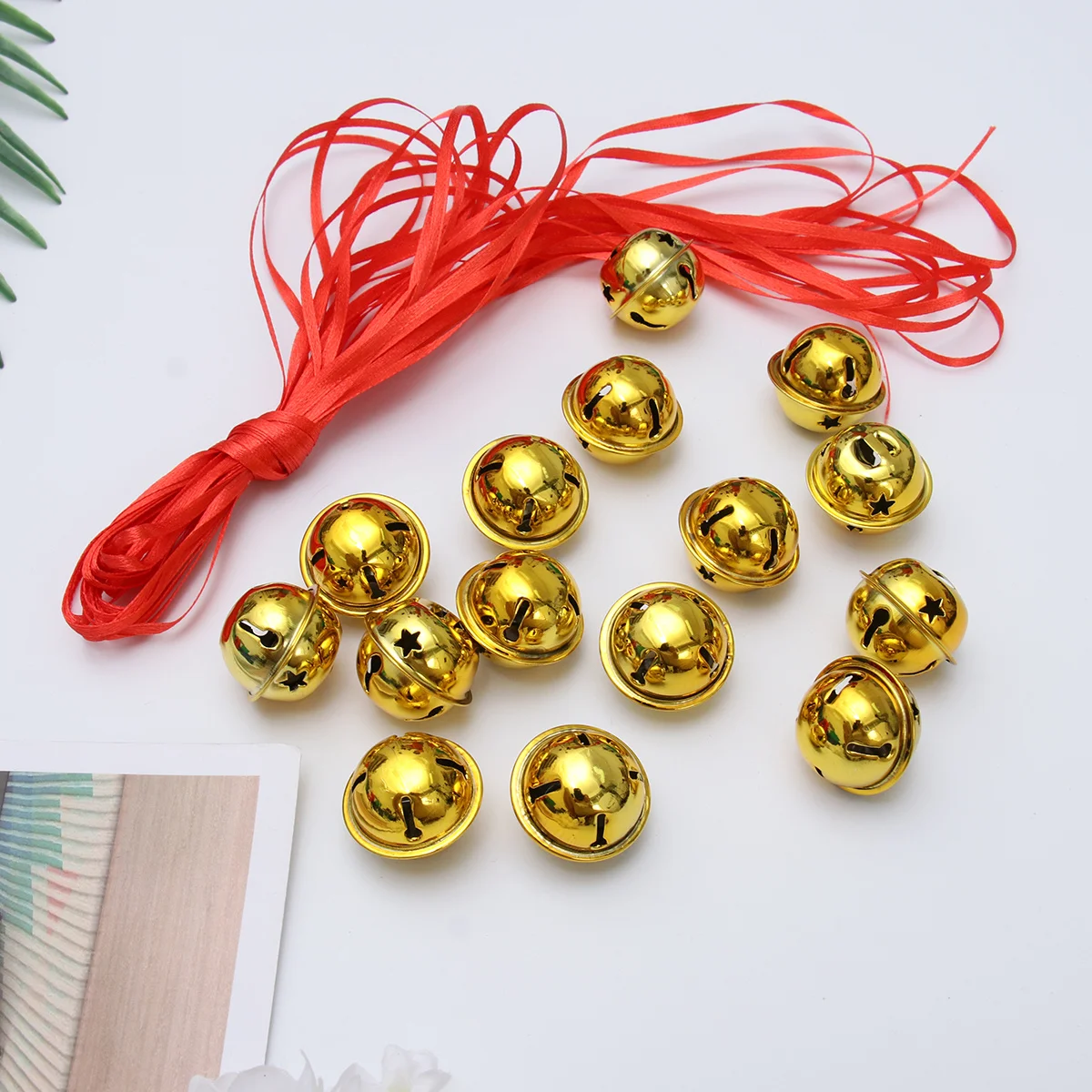 

21pcs Christmas Bell Decor Set 4Cm Golden Jingle Bells 10M Ribbon For Diy Craft Wind Chime Hanging Ornament Party Holiday