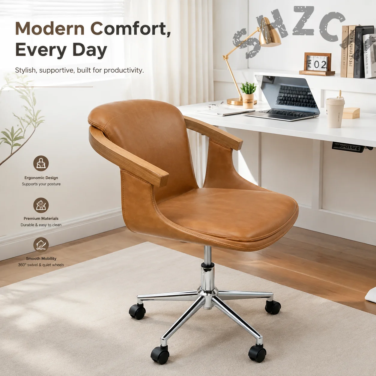 Mid-Century Modern Ergonomic Office Chair with Swivel Base and All-Day Comfort for Home Study or Computer Work