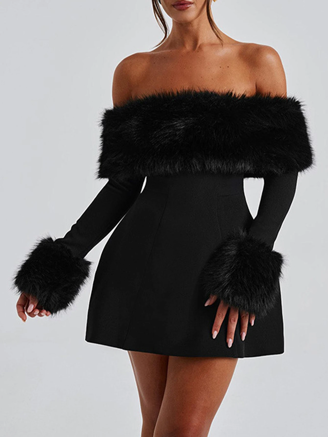 Elegantes, langärmliges, schulterfreies Minikleid für Damen, französischer Chic, einfarbig, Party, Herbst, sexy