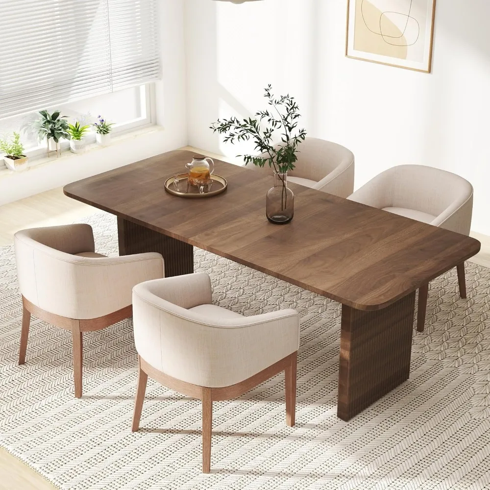 Beige Mid Century Modern Dining Chairs Farmhouse Linen Upholstered Accent Curved Backrest Kitchen Chair Armchairs with Natural