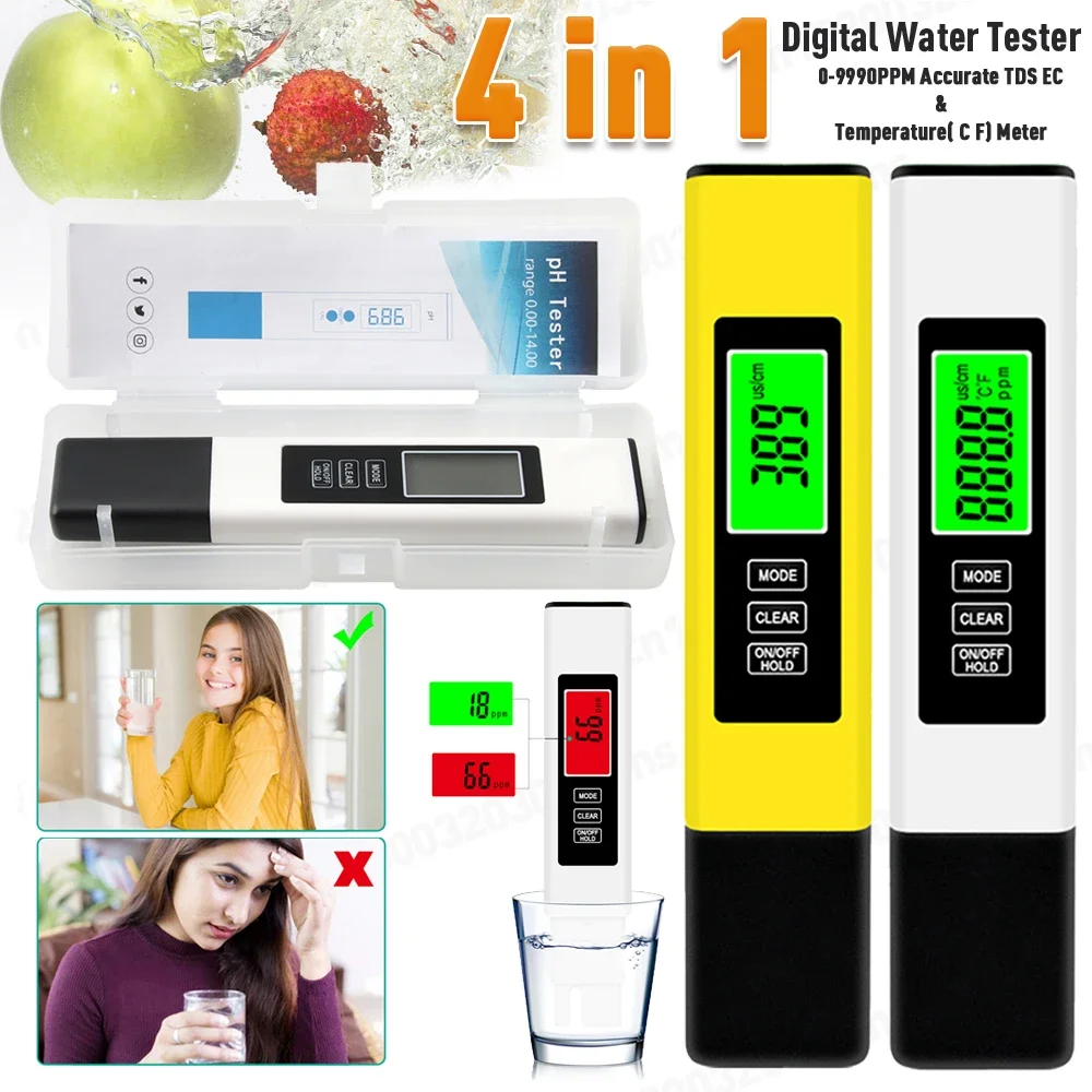 4 w 1 metrze 0-9990PPM cyfrowy ph-metr PH wysoka precyzja próbnik do wody Tester TDS & PH 0-14 PH LCD PPM Tester filtr akwariowy